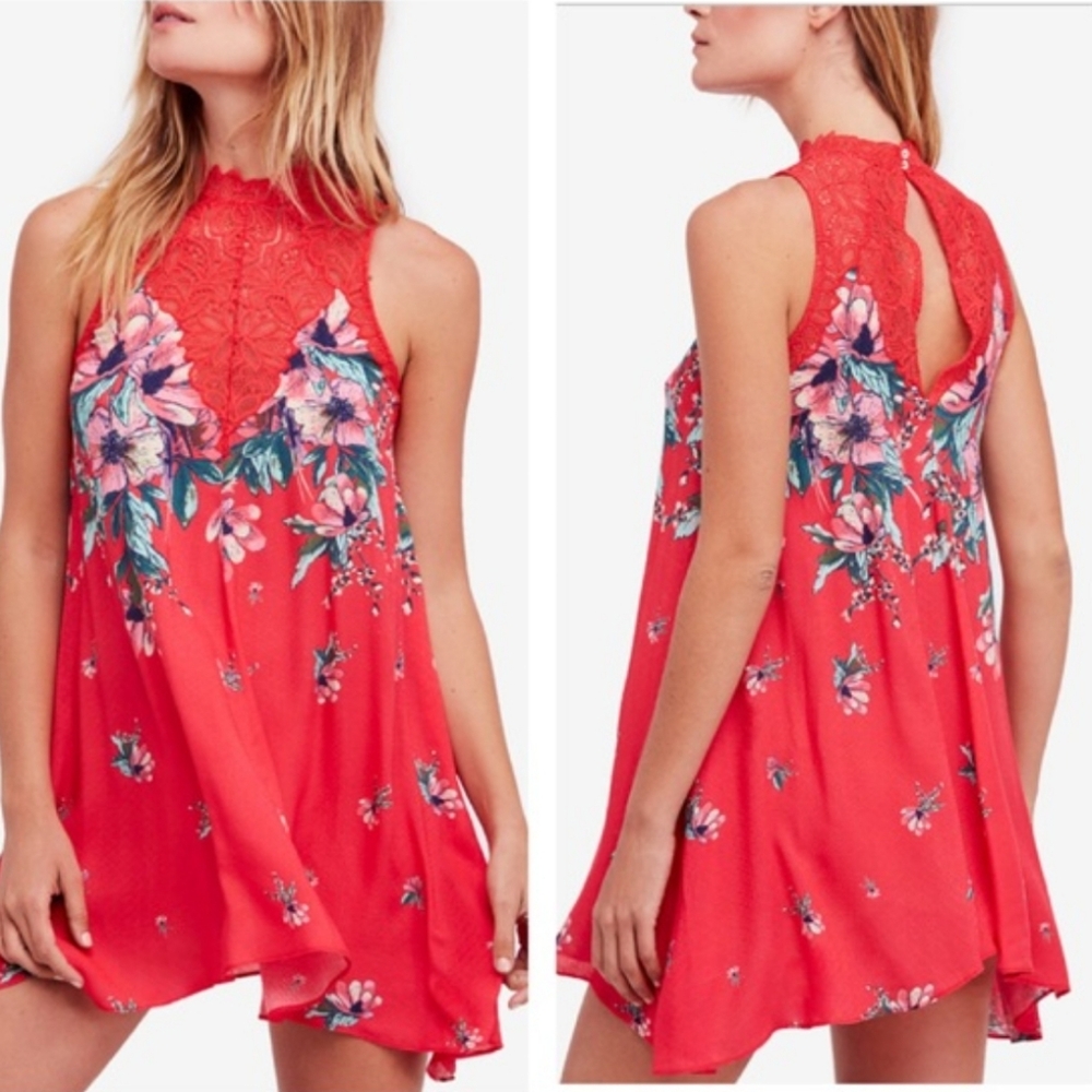 Free People Marsha Printed Slip Dress RED HOT COMBO Size Large